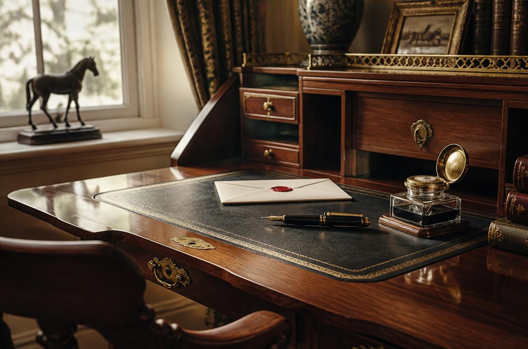 An antique writing desk with fountain pen and sealed letter