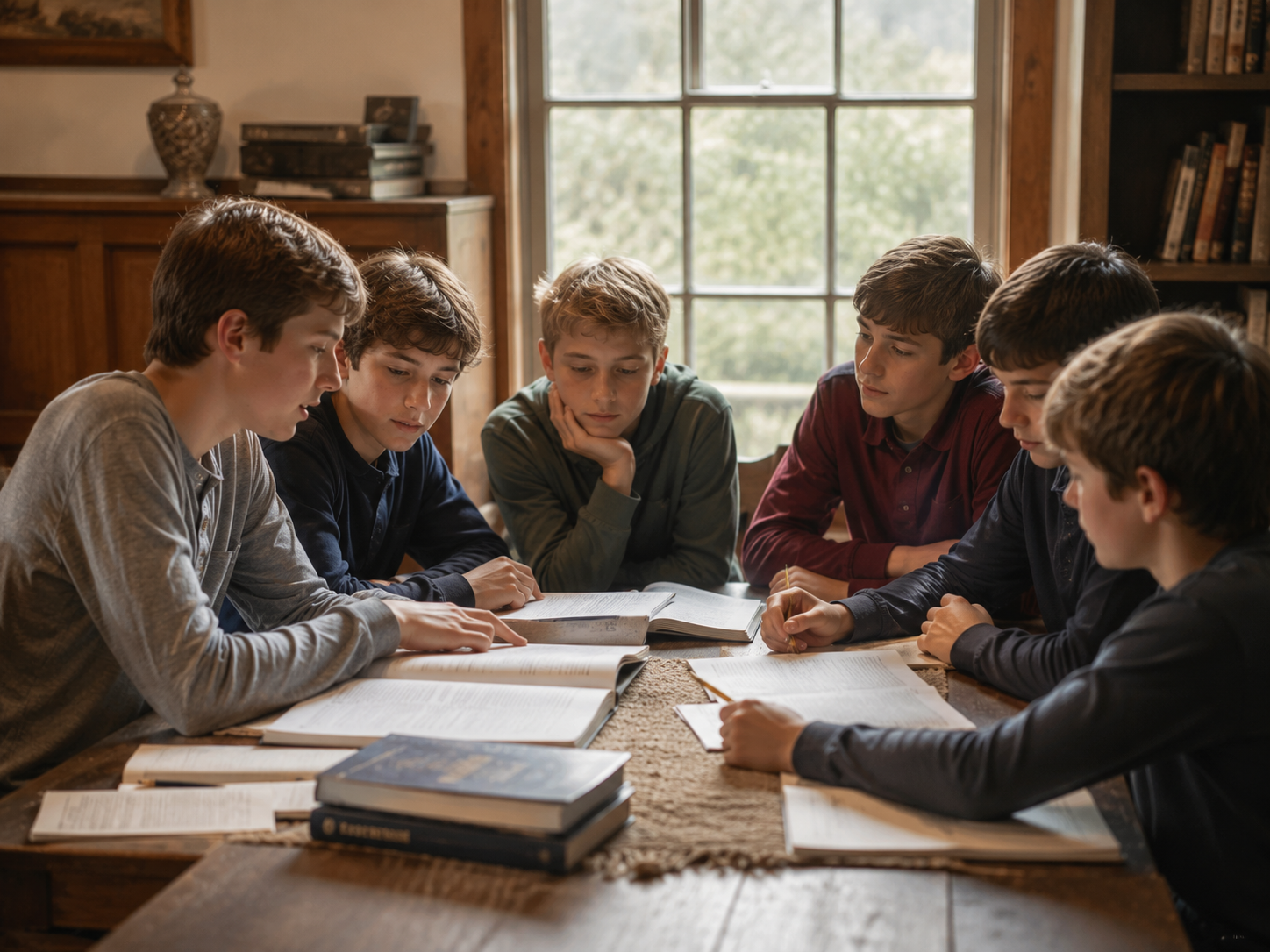Boys gathered around a wooden table studying books together