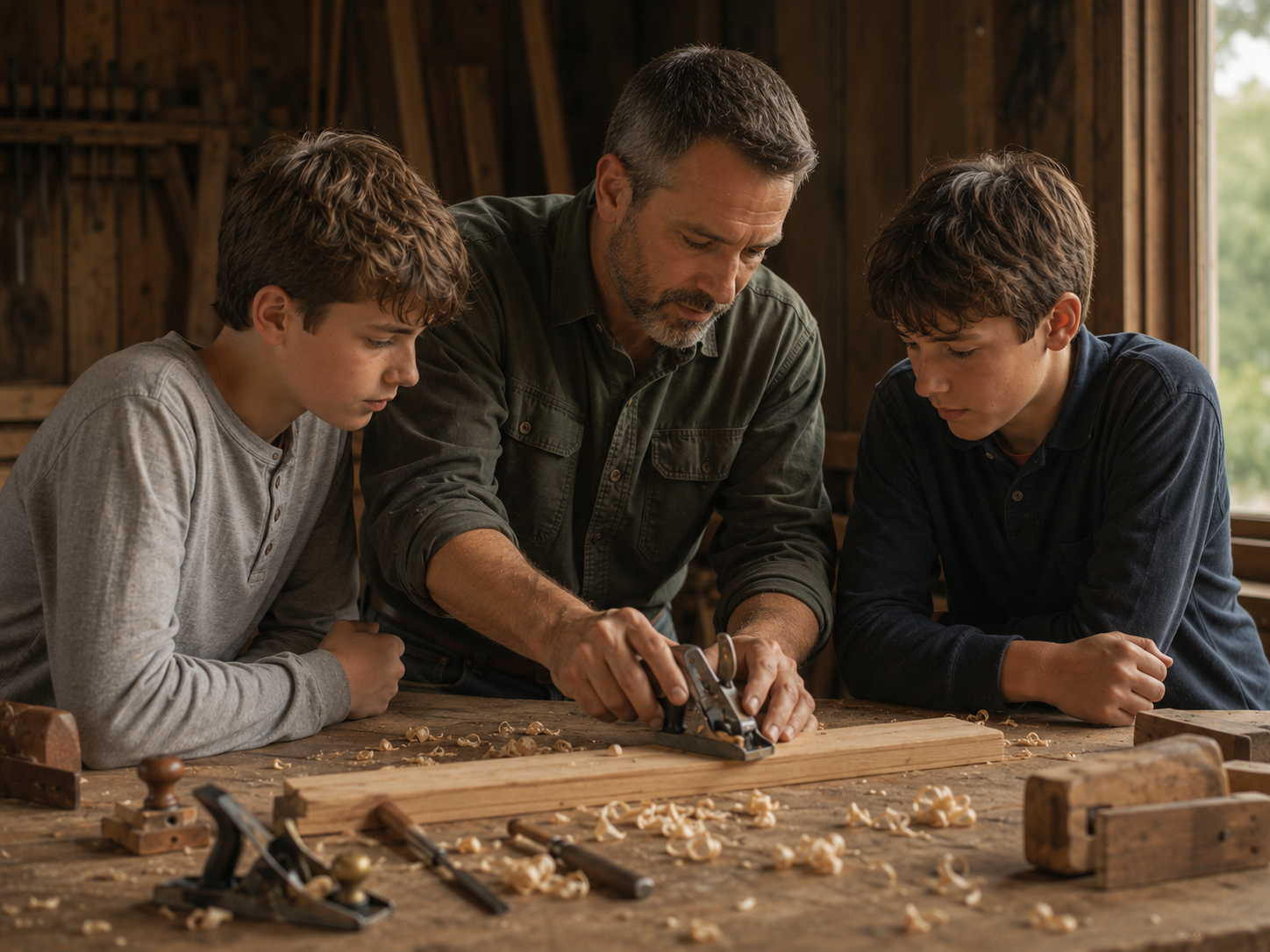 A mentor teaching two boys woodworking at a workbench