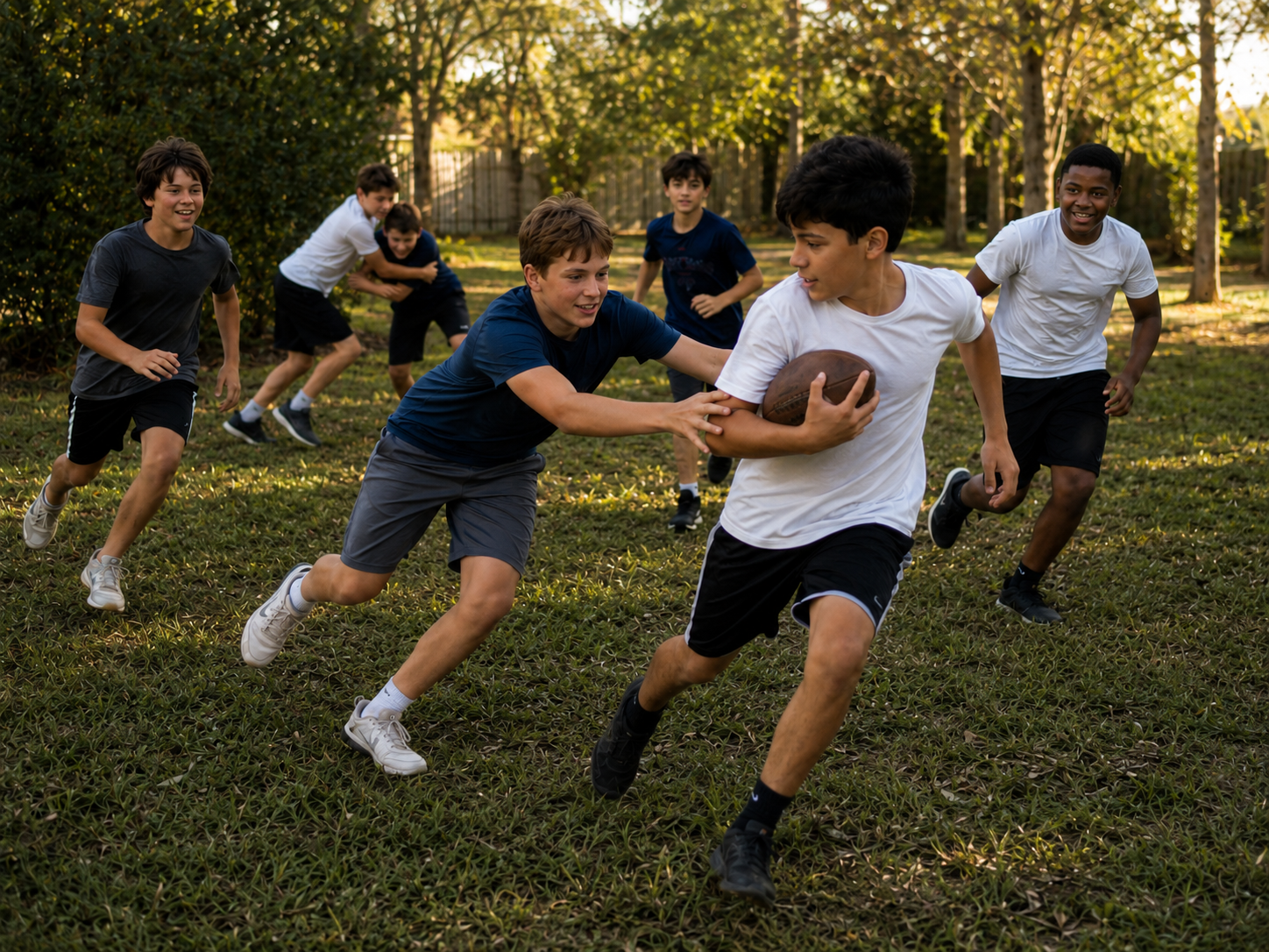 Boys playing football together in a grassy yard at golden hour