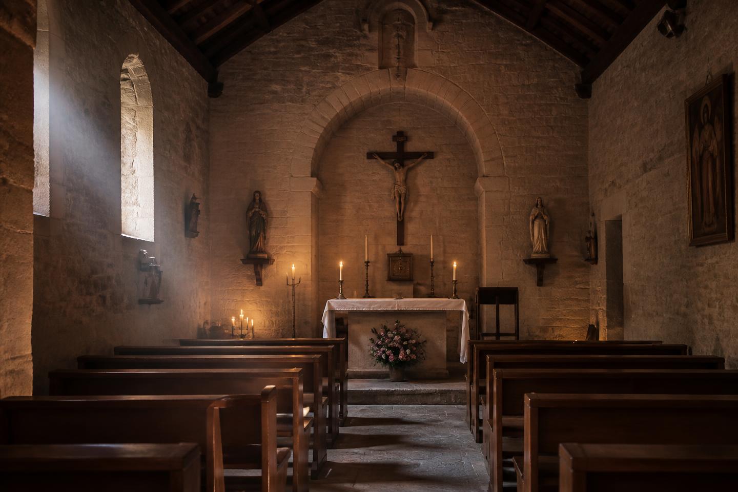 A quiet stone chapel interior with warm candlelight