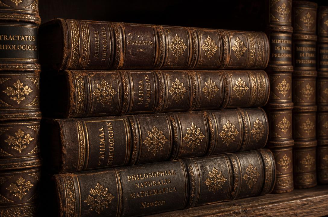 Ancient leather-bound books on a wooden shelf