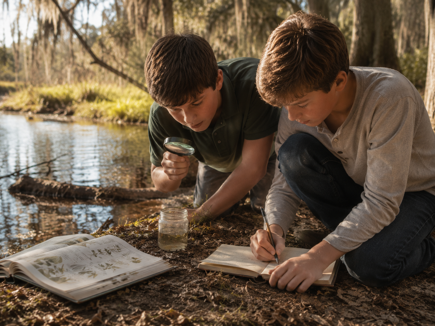 Two boys studying nature with a magnifying glass and field journal by the water